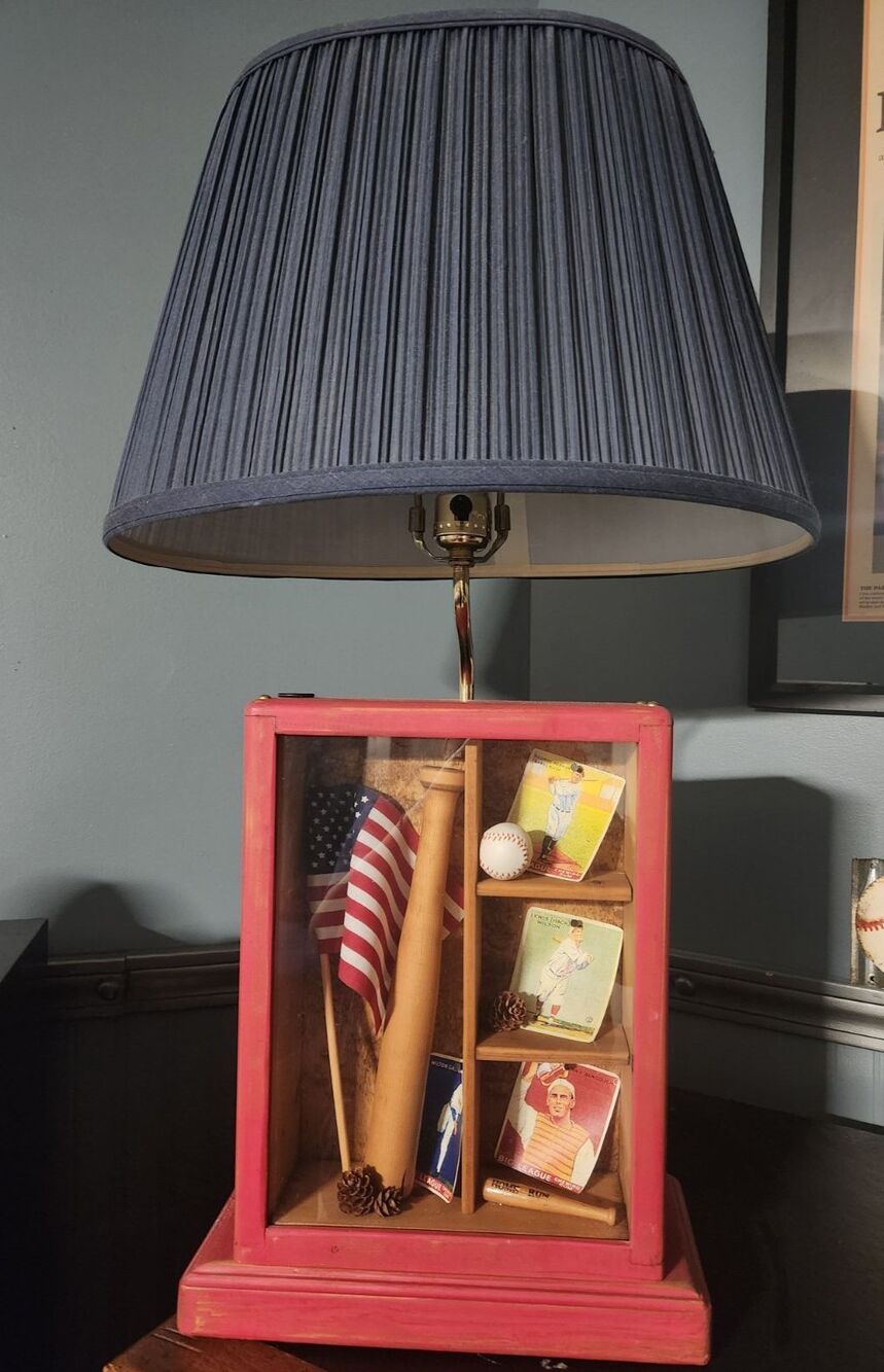 Vintage Basebal Lamp Shadow Box Wood Display